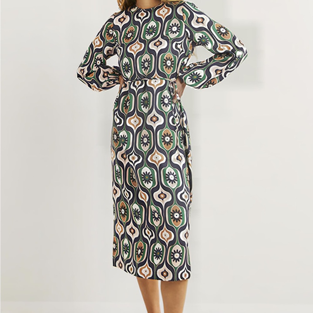 Boden Geo-Print Long Sleeve Silk/Viscose blend column Dress